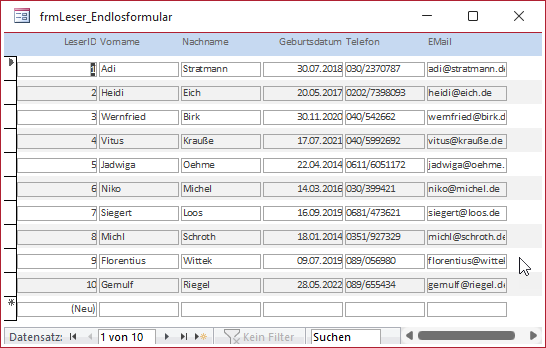 Ein Endlosformular mit einem Zoomfaktor von 50 %