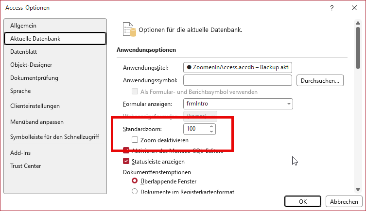 Einstellen des Standard-Zoomfaktors und Aktivieren oder Deaktivieren der Zoom-Funktion