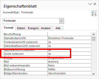 Zoom f&uuml;r ein Formular aktivieren oder deaktivieren
