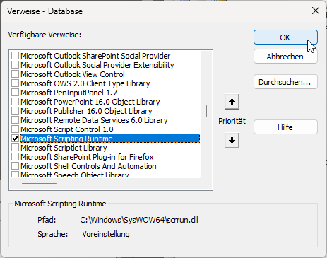 Der Verweis auf die VBScript-Bibliothek im Verweise-Dialog