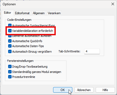 Die Option Variablendeklaration erforderlich im VBA-Editor