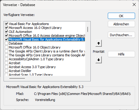 Setzen eines Verweises auf die Bibliothek Microsoft Visual Basic for Applications Extensibility 5.3 Object Library