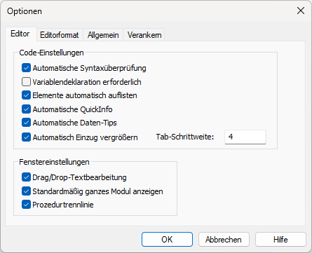 Erste Seite der Optionen im VBA-Editor