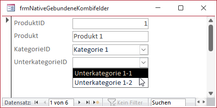 Werte im abh&auml;ngigen Kombinationsfeld