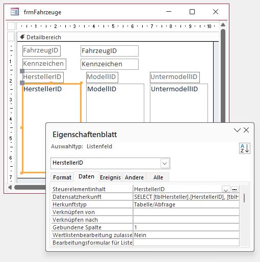 Formular mit den Listenfeldern zur Auswahl
